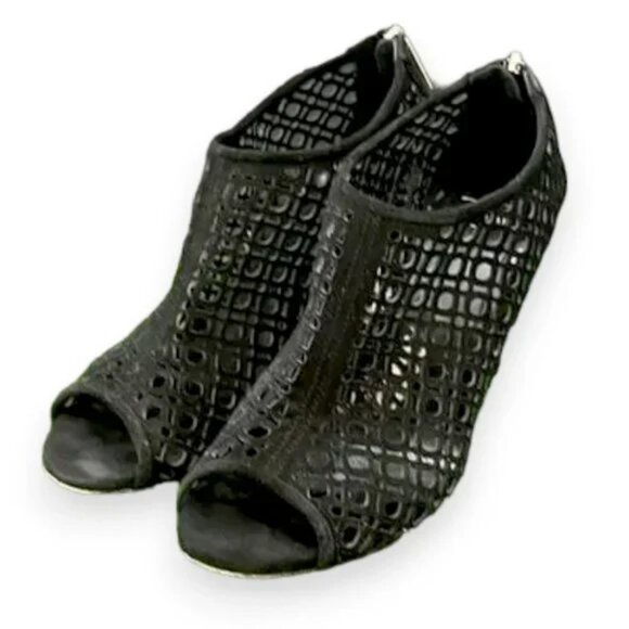 Aquatalia Black Pierced Caged Leather Open Peep Toe Wedges Booties Shooties 7.5 - Picture 3 of 8